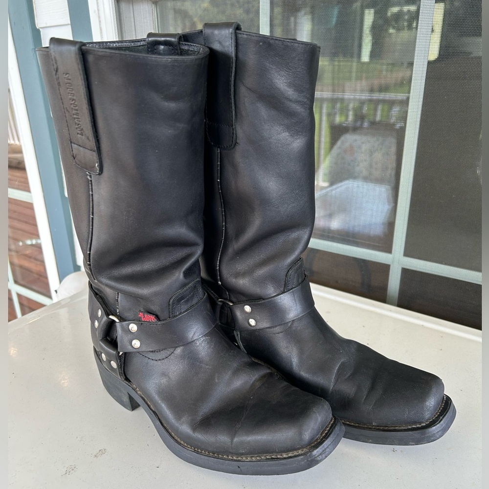 Black Leather Men's Motorcycle Biker Boots sz 9 Los Altos Harness